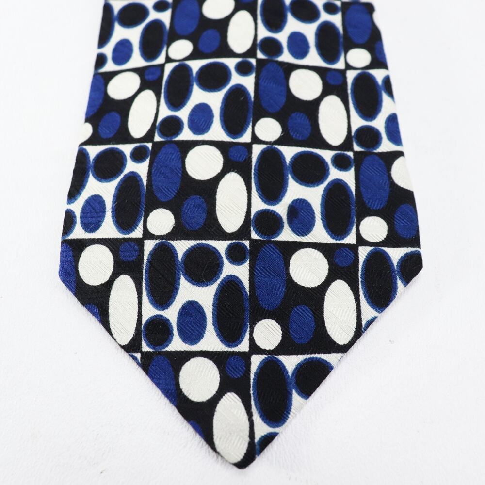 Vtg Tom James Tie Mens 56 in Silk Navy Blue White Geo Oval Rectangle Abstract